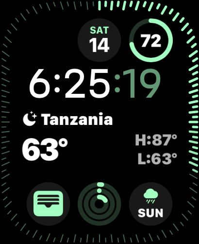 Apple Watch showing Tanzania 6:25am, 63 degrees